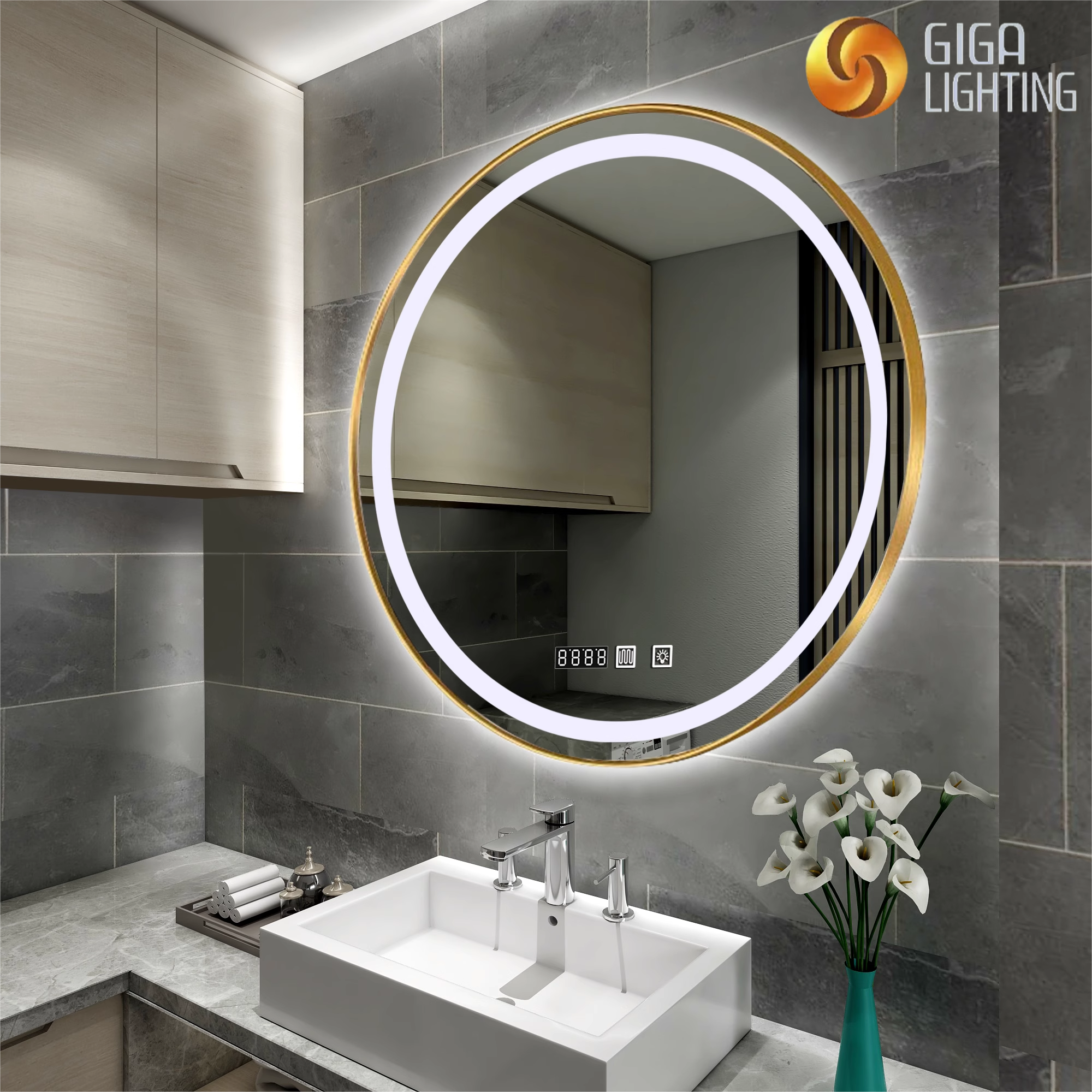 Certification ETL Miroir de salle de bain intelligent à LED intelligent en alliage d'aluminium bord doré écran tactile miroir rond miroir de maquillage mural LED avec capteur de lumière miroir lumineux