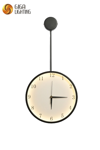 CE Horloge murale luminescente avec lumières LED noir Minimalisme appliques murales lampe de fond de canapé avec horloge zone d'entrée allée éclairage décoratif horloge avec LED