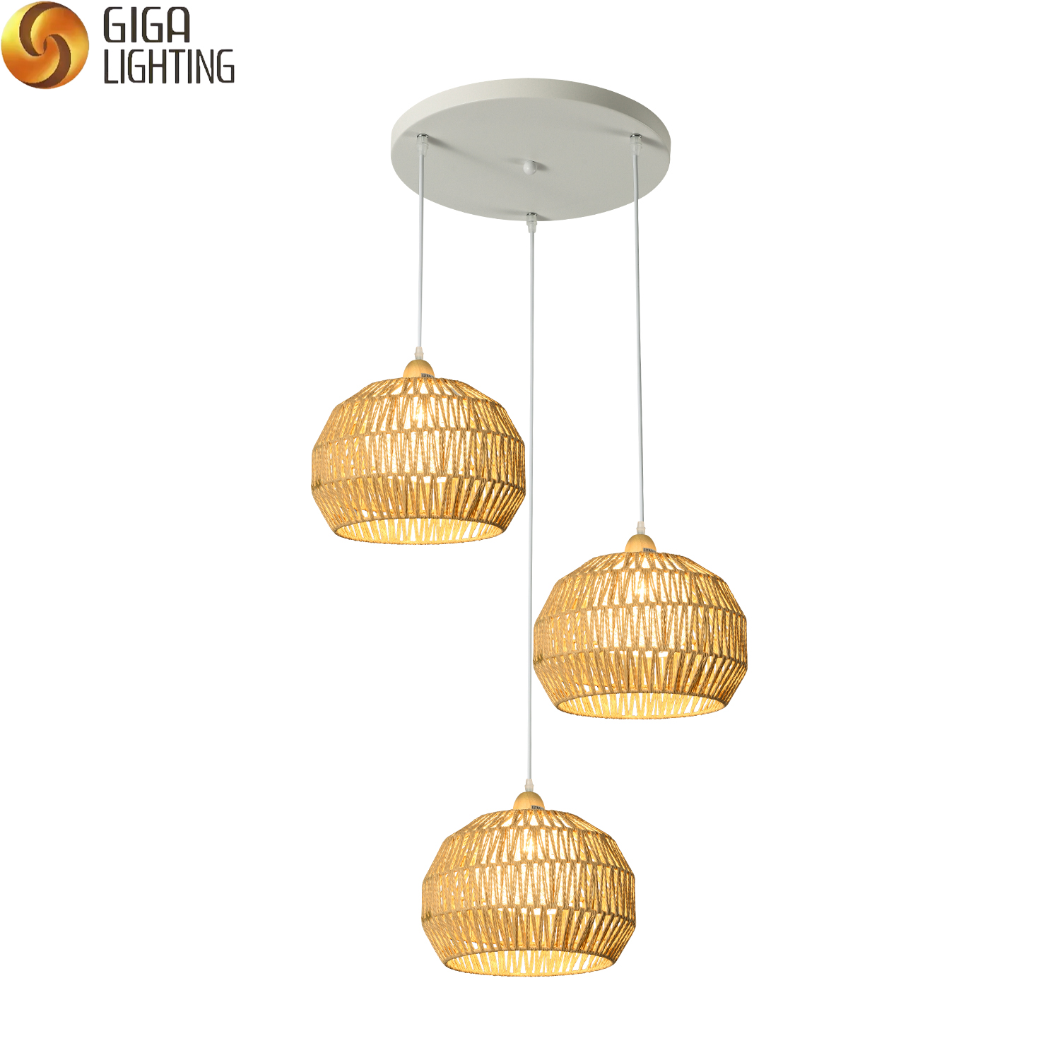 Lampe à suspension en rotin et bambou naturel, tambour rond fabriqué à la main, lustre fait à la main