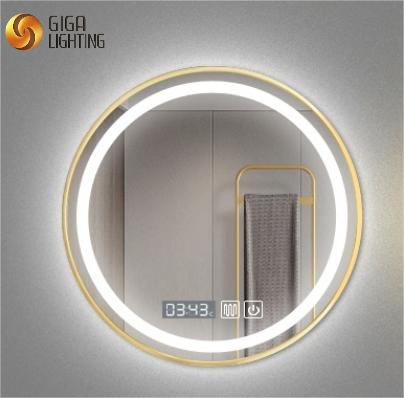 Certification ETL Miroir de salle de bain intelligent à LED intelligent en alliage d'aluminium bord doré écran tactile miroir rond miroir de maquillage mural LED avec capteur de lumière miroir lumineux