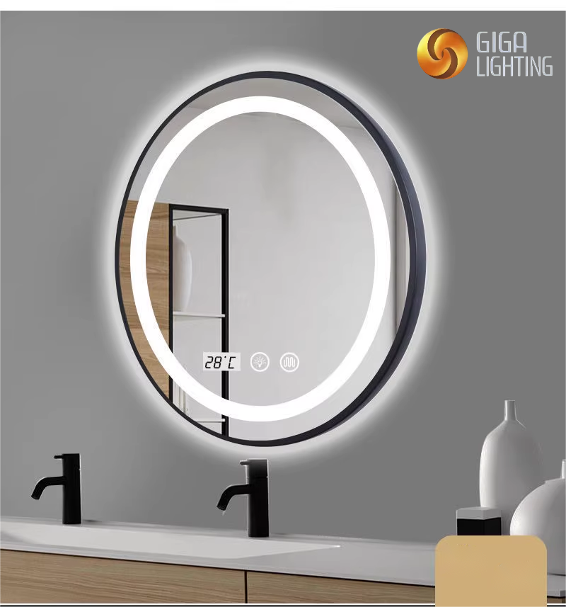 Certification ETL Miroir de salle de bain intelligent à LED intelligent en alliage d'aluminium bord doré écran tactile miroir rond miroir de maquillage mural LED avec capteur de lumière miroir lumineux