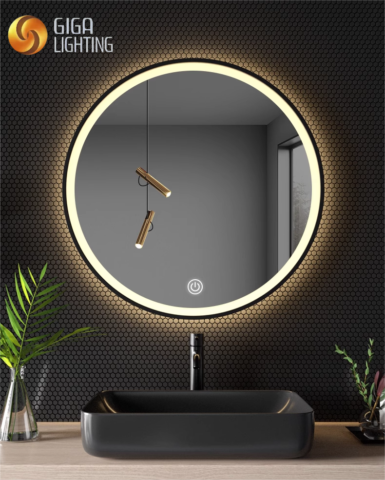 Cadre en alliage d'aluminium Certification CE Lampe de miroir LED Lampe électroluminescente Miroir Lavabo de toilette Miroir rond mural Salle de bain Miroir intelligent Salle de bain