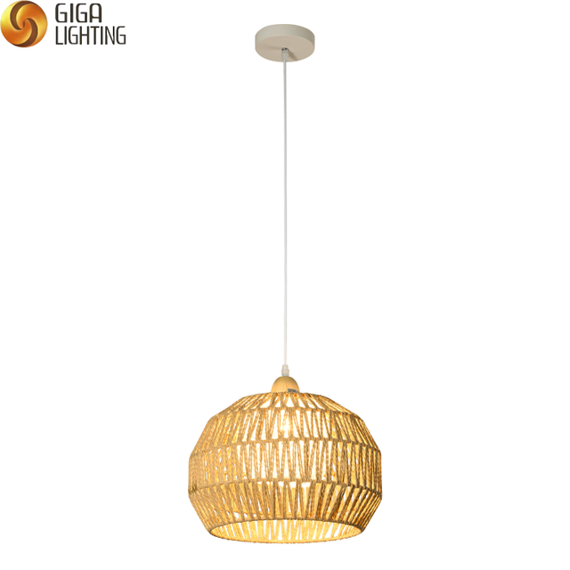 Lampe à suspension en rotin et bambou naturel, tambour rond fabriqué à la main, lustre fait à la main